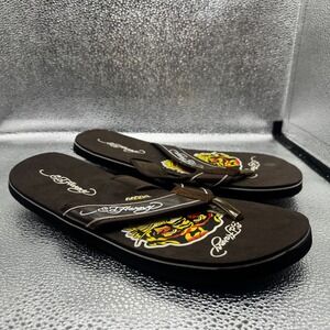 Vintage Ed Hardy Brown Mens Tiger Graphic Outdoor Flip Flops Thong Sandals Sz 10